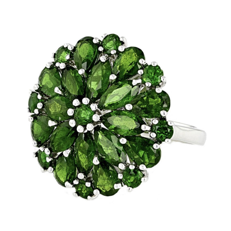 6.34ctw Green Chrome Diopside Rhodium Over Sterling Silver Cluster Ring Size 7