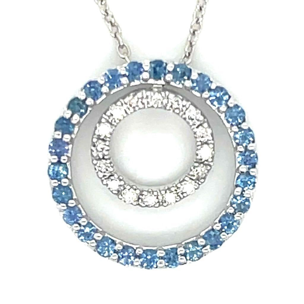 14K White Gold Blue Sapphire & Diamond Circle Pendant Necklace 18"