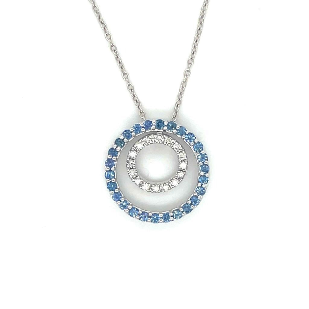 14K White Gold Blue Sapphire & Diamond Circle Pendant Necklace 18"