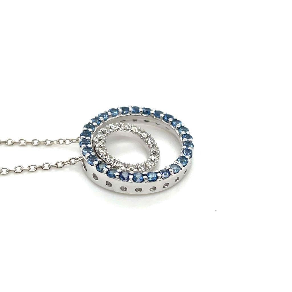 14K White Gold Blue Sapphire & Diamond Circle Pendant Necklace 18"