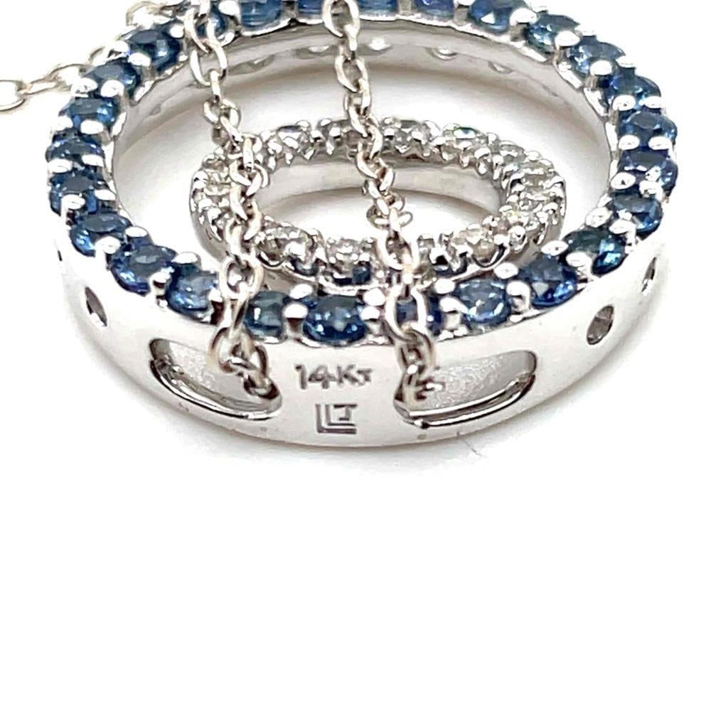 14K White Gold Blue Sapphire & Diamond Circle Pendant Necklace 18"