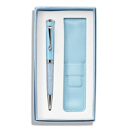 Light Blue Crystal Filled Ballpoint Pen With Matching Pouch Gift Set