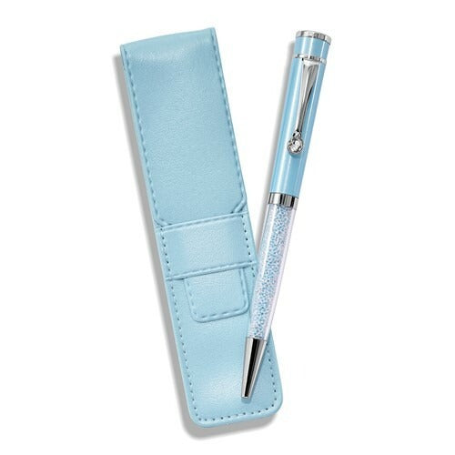 Light Blue Crystal Filled Ballpoint Pen With Matching Pouch Gift Set