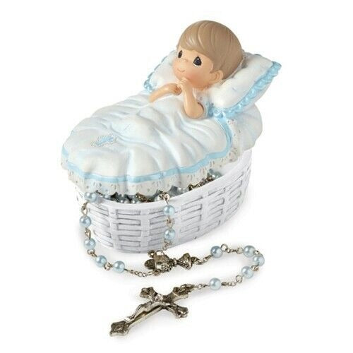 Precious Moments Blue Baby Baptism 17.5 inch Rosary and Resin Box Set