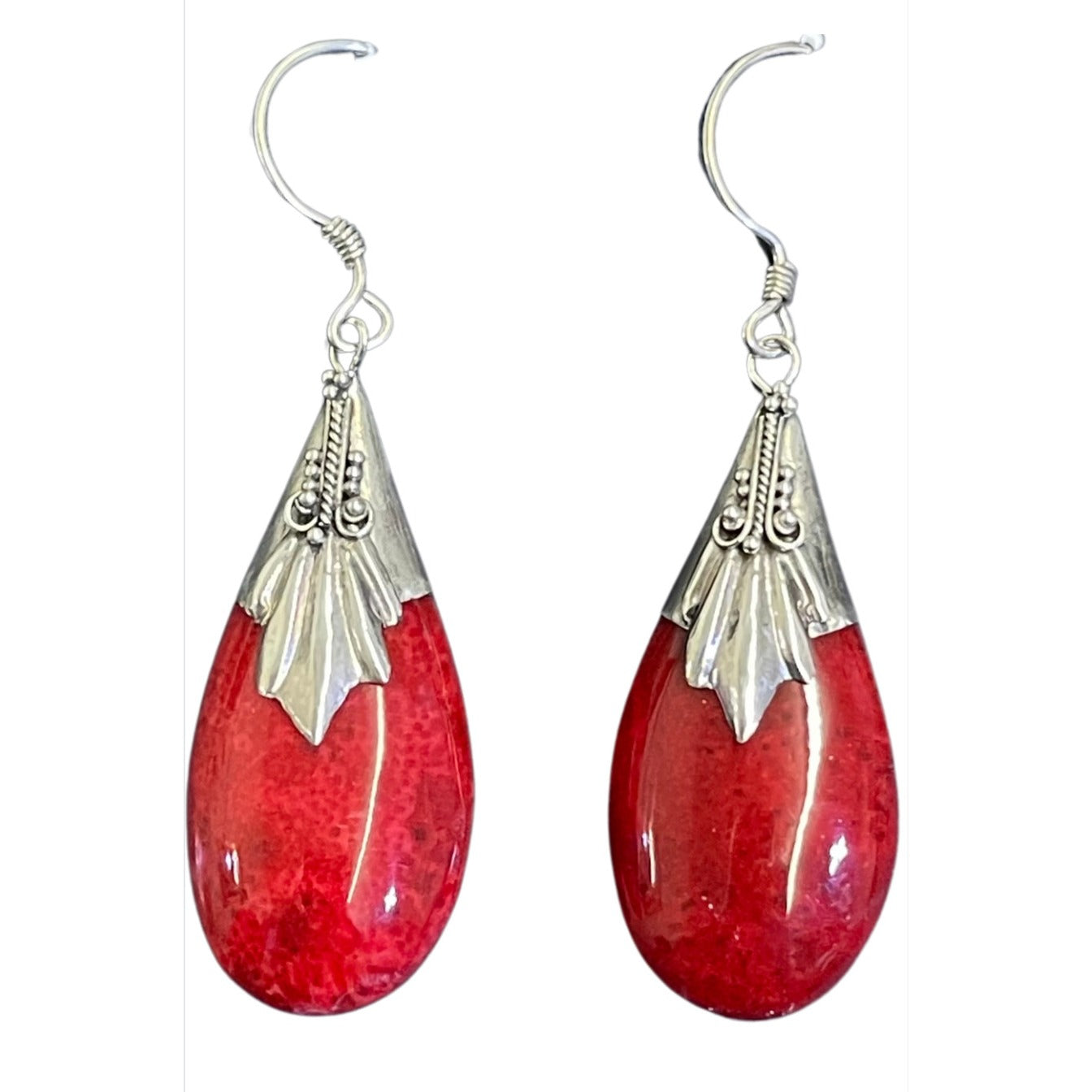 Maroon Red Color Teardrop Sterling Silver Dangle Drop Earrings