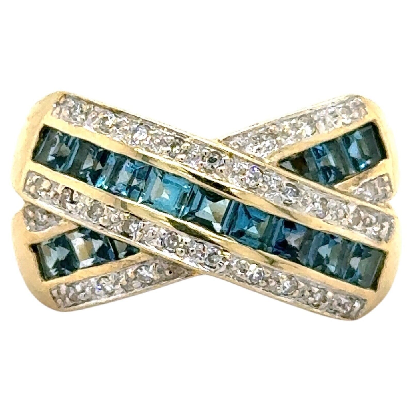 14k Yellow Gold Blue Topaz and 1/10ctw Diamond Ring 6.2g Size 9