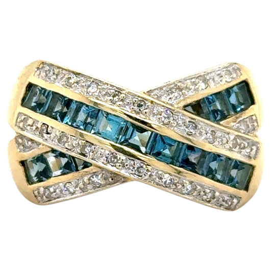 14k Yellow Gold Blue Topaz and 1/10ctw Diamond Ring 6.2g Size 9