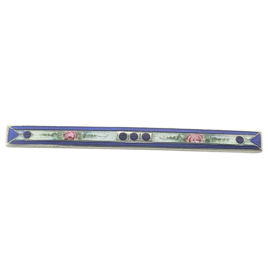 Vintage Sterling Silver & Blue Floral Enamel Bar Pin Brooch 4.3g