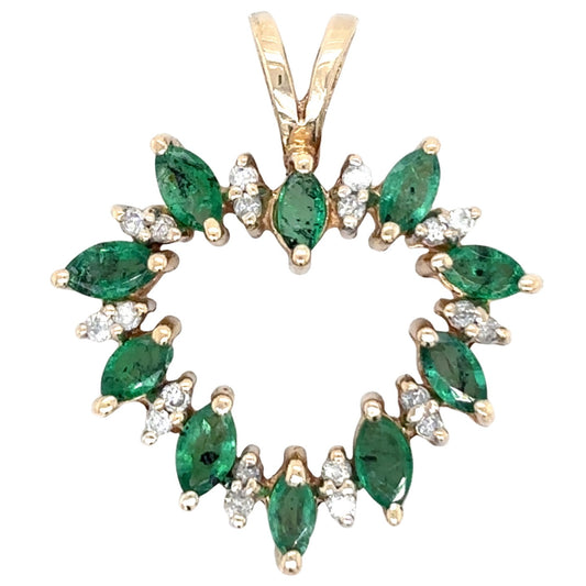 14k Yellow Gold Emerald 1/5ctw Diamond Heart Pendant 3.3g