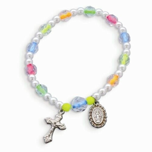 Childrens 6" Neon Bead Rosary Bracelet With Cross & Medal Charms