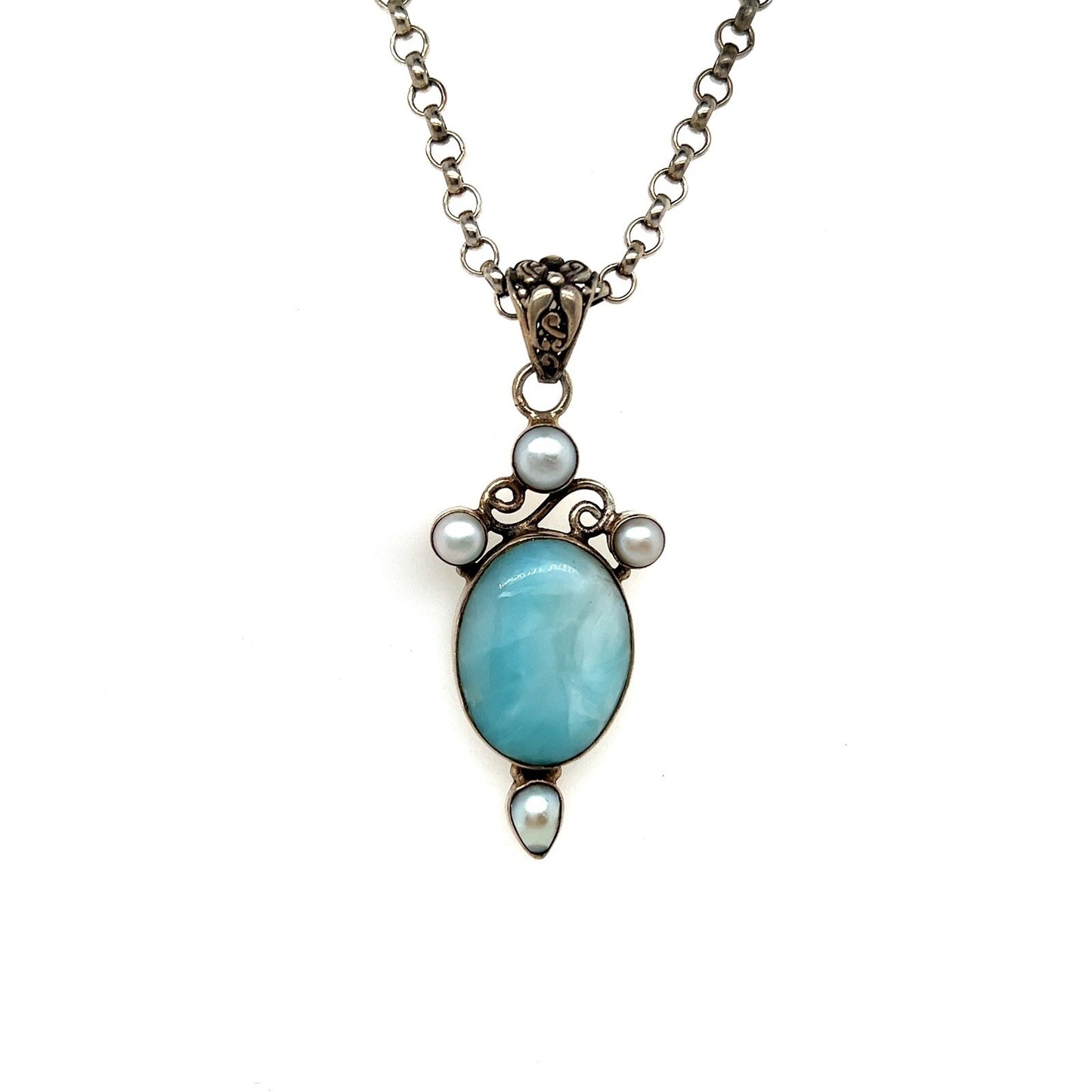 Sterling Silver Larimar and Pearl Pendant with 20 inch Chain Necklace 27.5g
