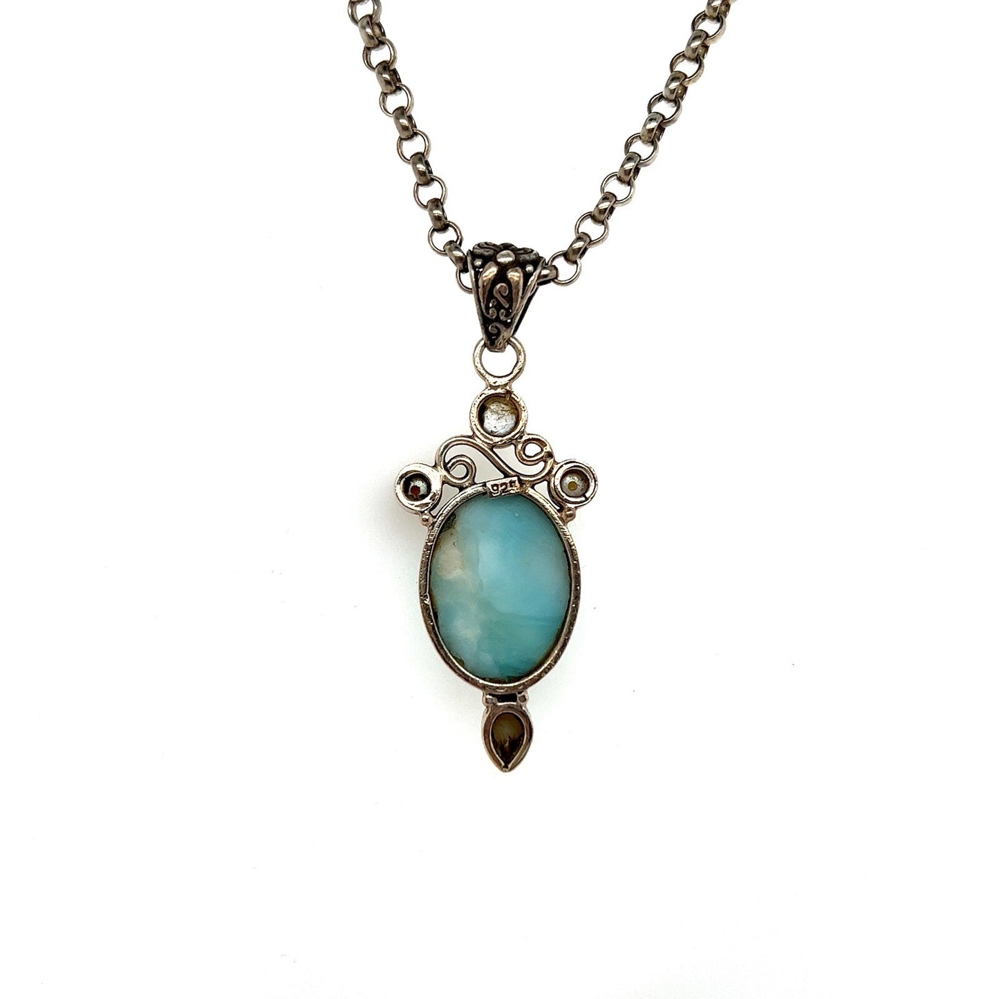 Sterling Silver Larimar and Pearl Pendant with 20 inch Chain Necklace 27.5g