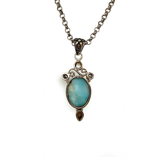 Sterling Silver Larimar and Pearl Pendant with 20 inch Chain Necklace 27.5g