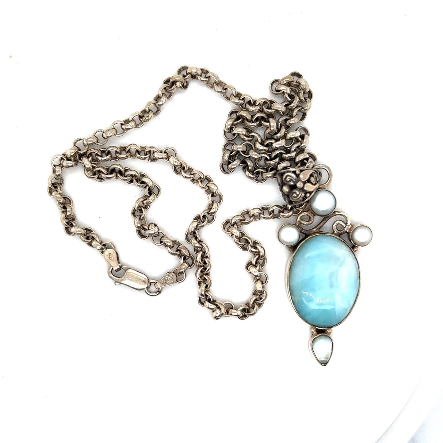 Sterling Silver Larimar and Pearl Pendant with 20 inch Chain Necklace 27.5g