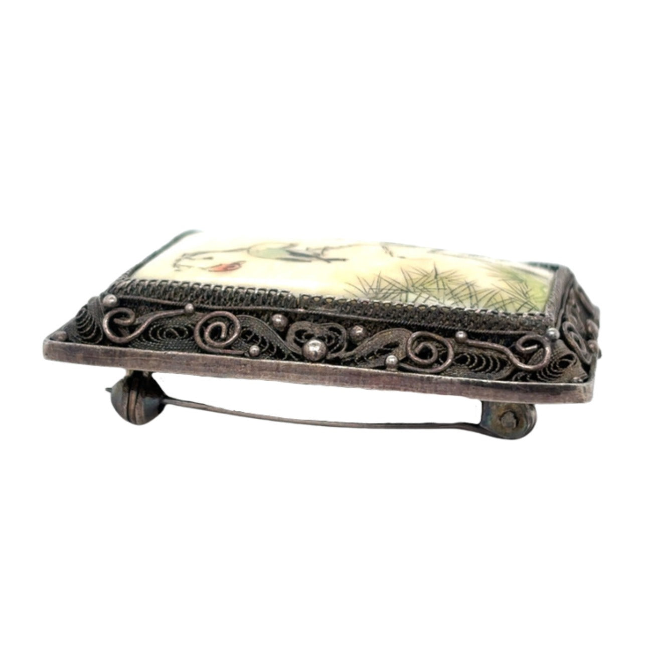 Vintage Chinese Silver Scrimshaw Panel Brooch 15.4g