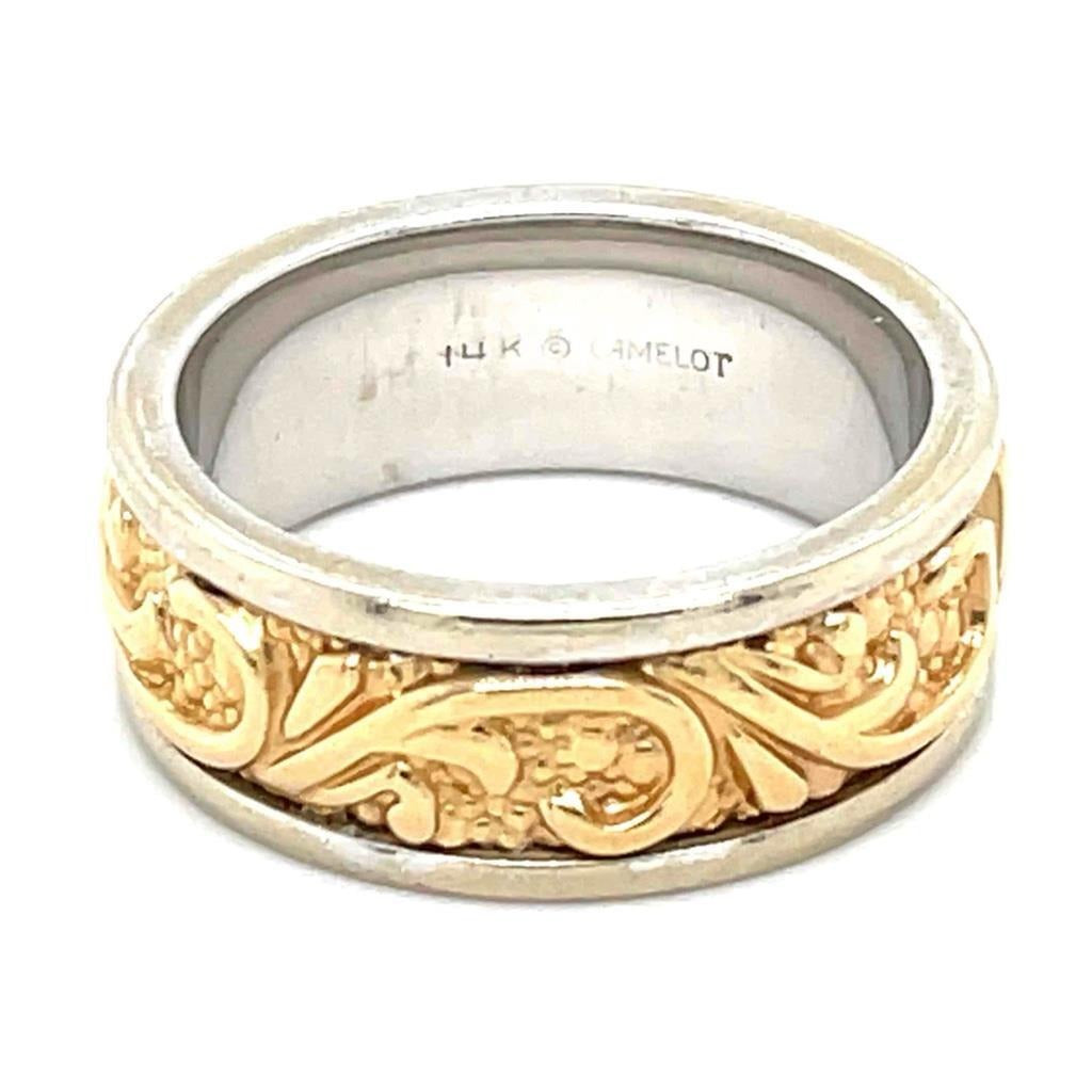 14K Yellow & White Gold Sculptural Wedding Band 7mm 7.9g Size 4.75