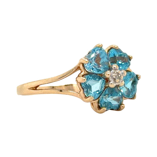 Blue Topaz & Diamond 10k Yellow Gold Floral Ring 2.1g Size 5.75