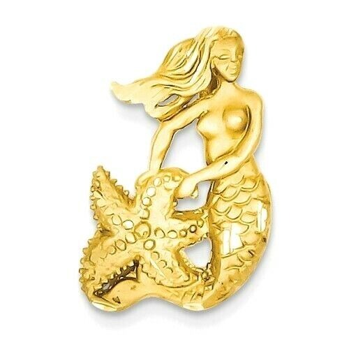 14K Yellow Gold Satin Diamond-Cut Mermaid Pendant With Open-Back Design