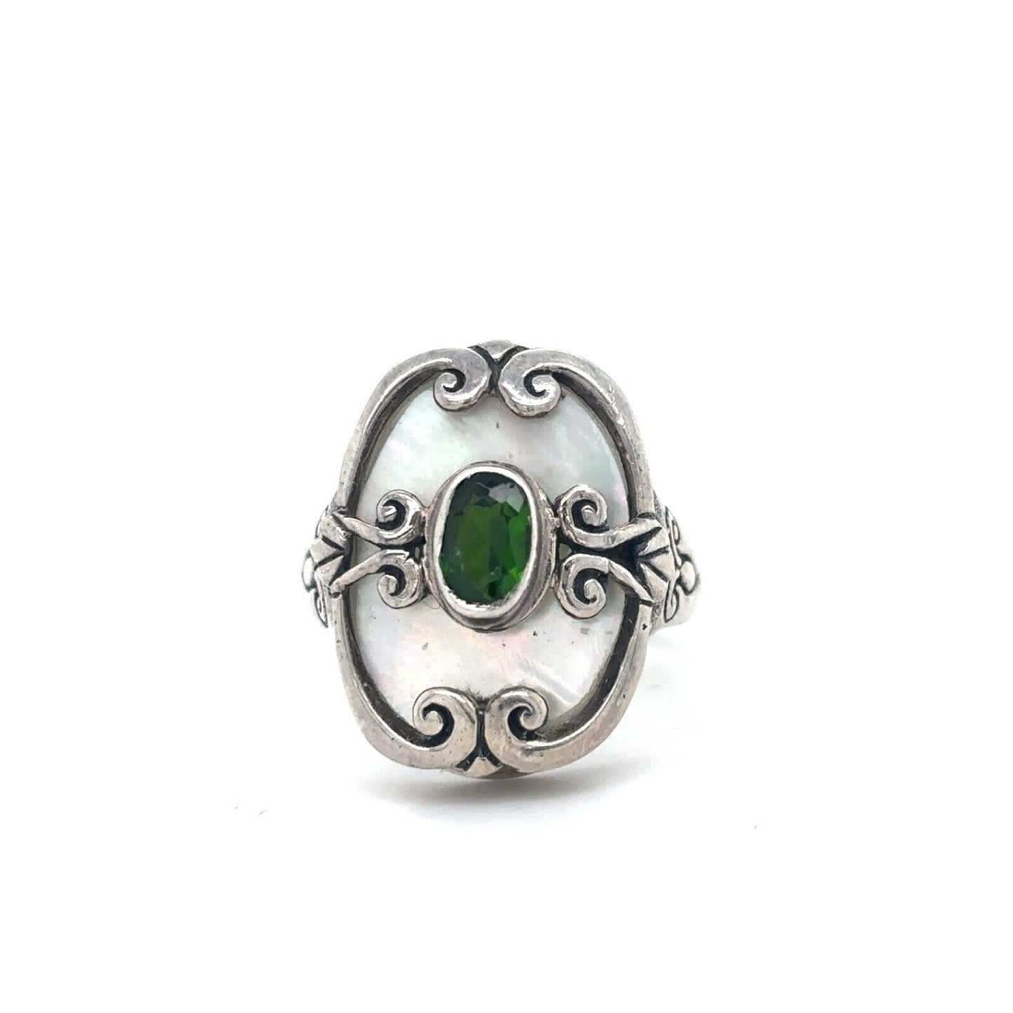 Sterling Silver Mother of Pearl with Green Quartz Accent Size 7.75 Ring 6.3g