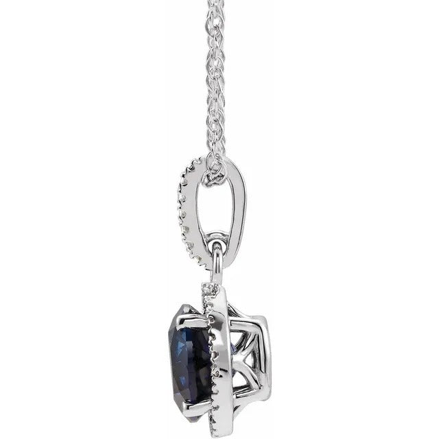 Sterling Silver Lab Grown Blue Sapphire & Diamond Halo Pendant Necklace 18"