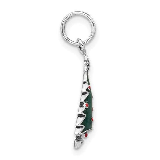 Sterling Silver Enameled Christmas Tree Charm 25mm With Red Accents