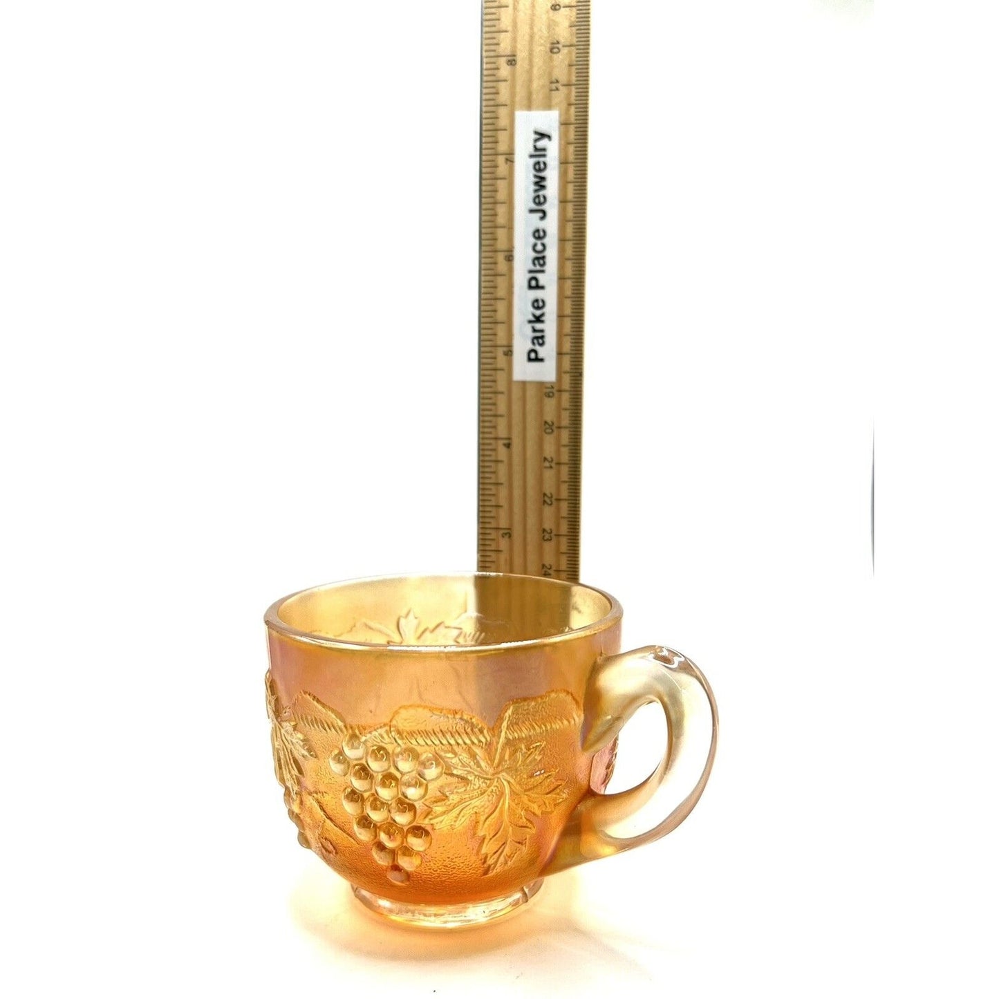 Vintage Carnival Glass Cup Iridescent Marigold Grape Vine Pattern 3 Inches Tall