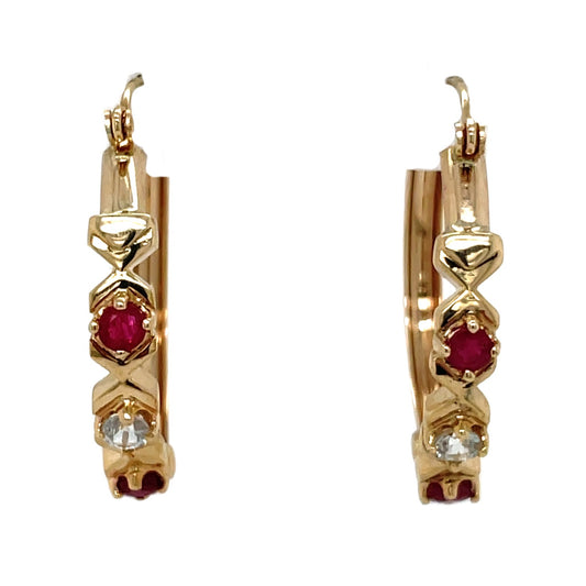 10K Yellow Gold Ruby & White Sapphire Dangle Hoop Earrings 4.6g