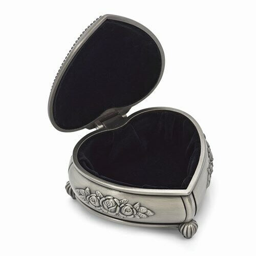 Heart-Shaped Pewter-Tone Jewelry Box With Rose Design & Velvet-Lined Interior