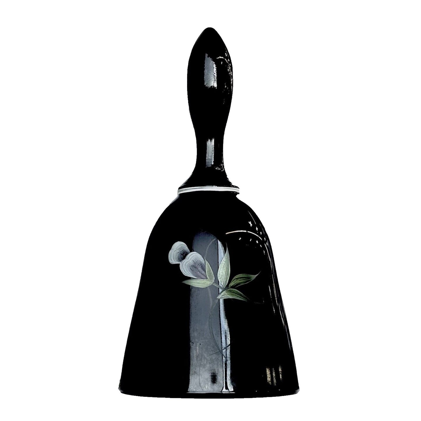 Fenton Black Bell Hand painted White Floral and Signed