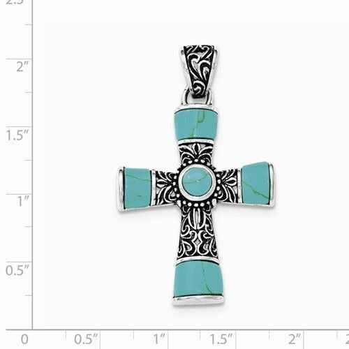 Antiqued & Polished Synthetic Turquoise Cross Pendant .925 Sterling Silver Jewelry