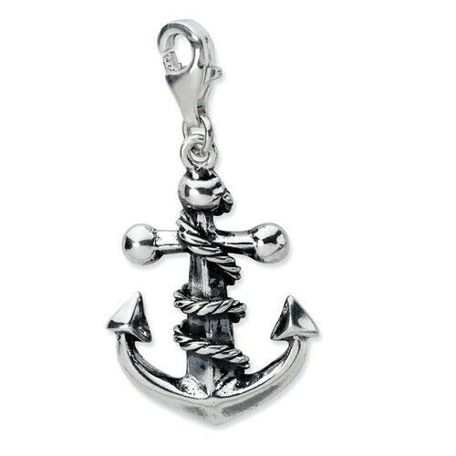 Sterling Silver 3-D Antiqued Anchor & Rope Charm lobster clasp