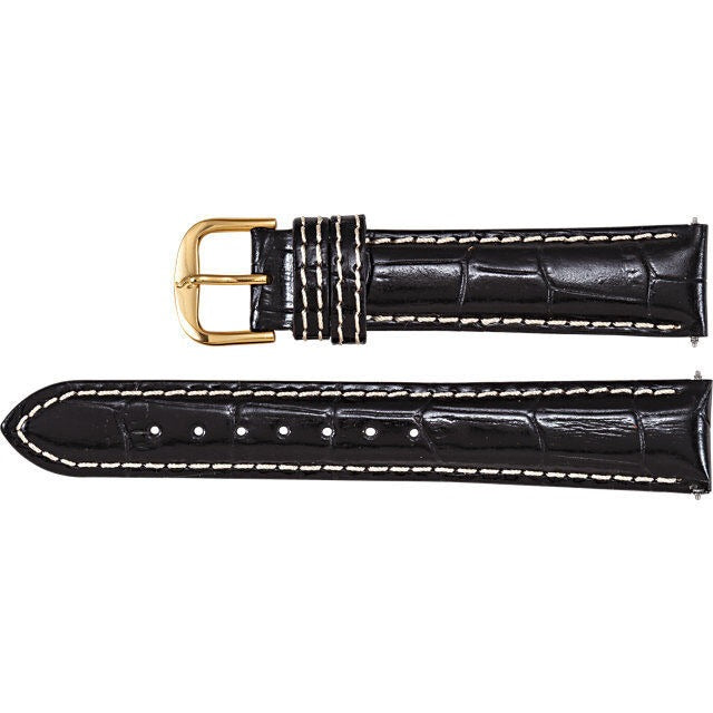 Men's 24mm Regular Black Leather Alligator Grain Heavy Padded Watch Strap Band
