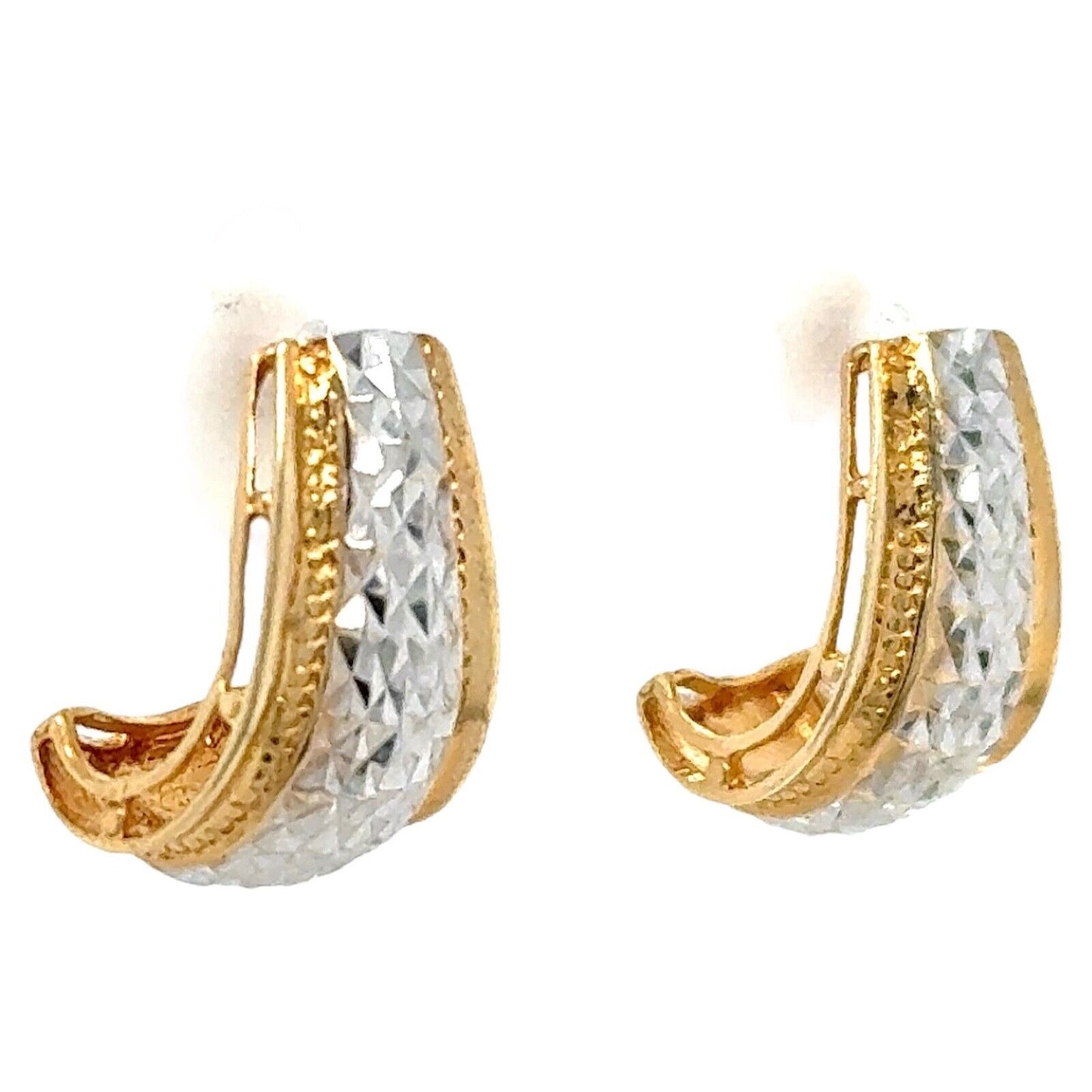 14k White and Yellow Gold Etched Huggie Earrings 4.8g