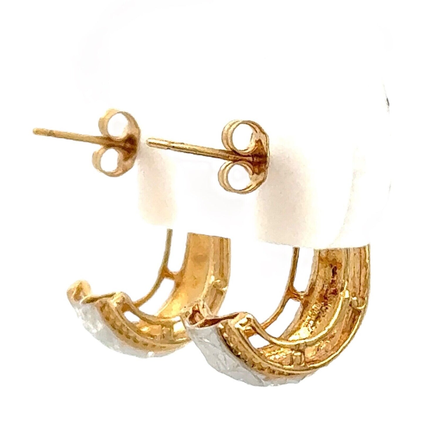 14k White and Yellow Gold Etched Huggie Earrings 4.8g