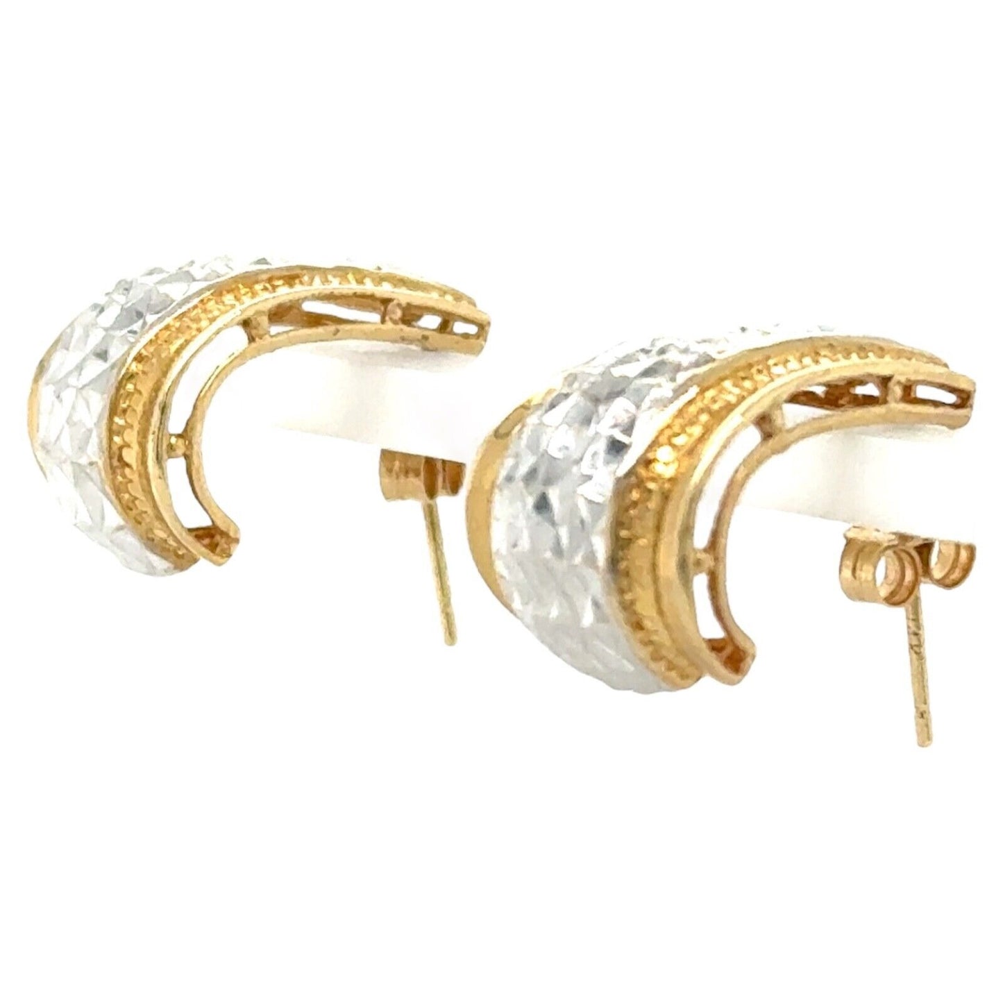 14k White and Yellow Gold Etched Huggie Earrings 4.8g