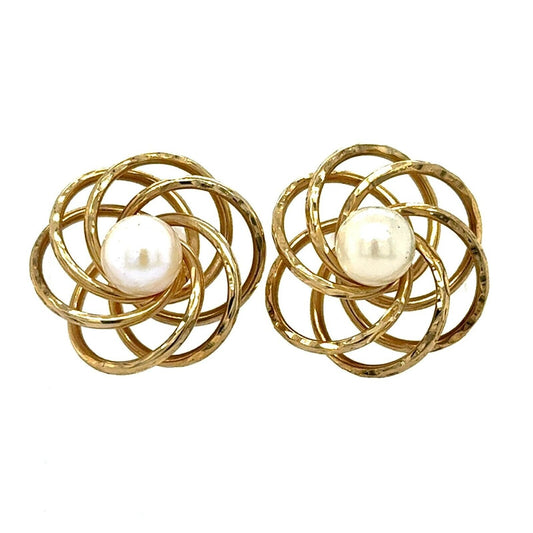 6mm Pearl 14k Yellow Gold Stud Flower Earrings 3.1g