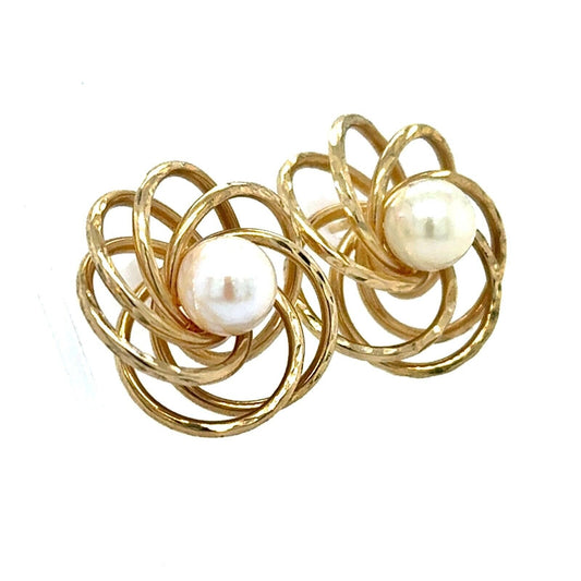 6mm Pearl 14k Yellow Gold Stud Flower Earrings 3.1g