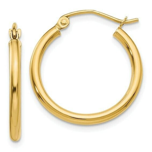 14K Yellow Gold Polished 2x20mm Lightweight Tube Hoop Earrings
