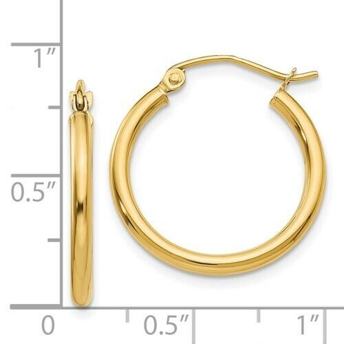 14K Yellow Gold Polished 2x20mm Lightweight Tube Hoop Earrings