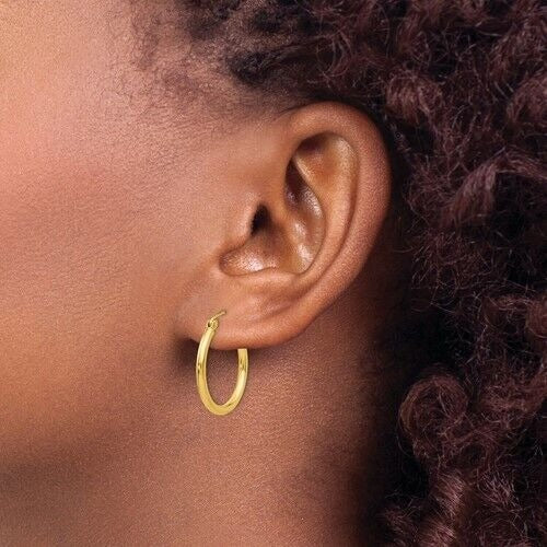 14K Yellow Gold Polished 2x20mm Lightweight Tube Hoop Earrings