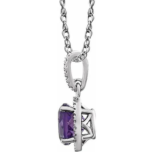 Sterling Silver Natural Amethyst & Diamond Halo Pendant Necklace 18"