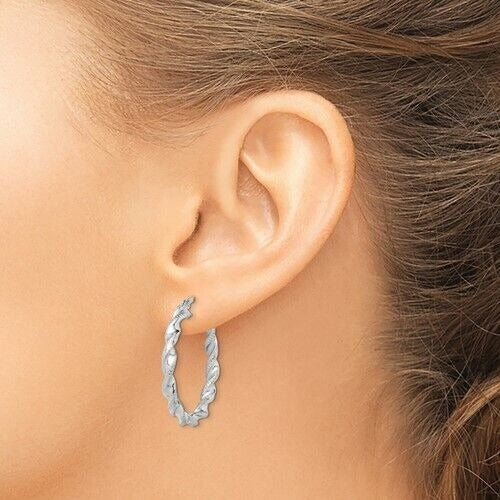 Sterling Silver Rhodium-Plated Twisted 3.5x30mm Hoop Earrings