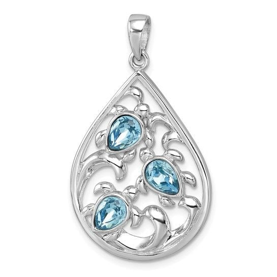 Sterling Silver Rhodium-plated Triple Crystal Turtle Ocean Wave Pendant