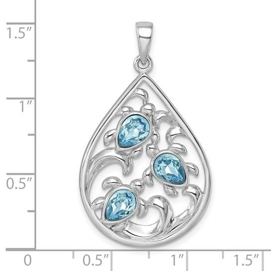 Sterling Silver Rhodium-plated Triple Crystal Turtle Ocean Wave Pendant