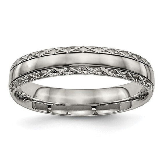 Chisel Titanium Polished Grooved 5mm Criss Cross Design Band Size 8
