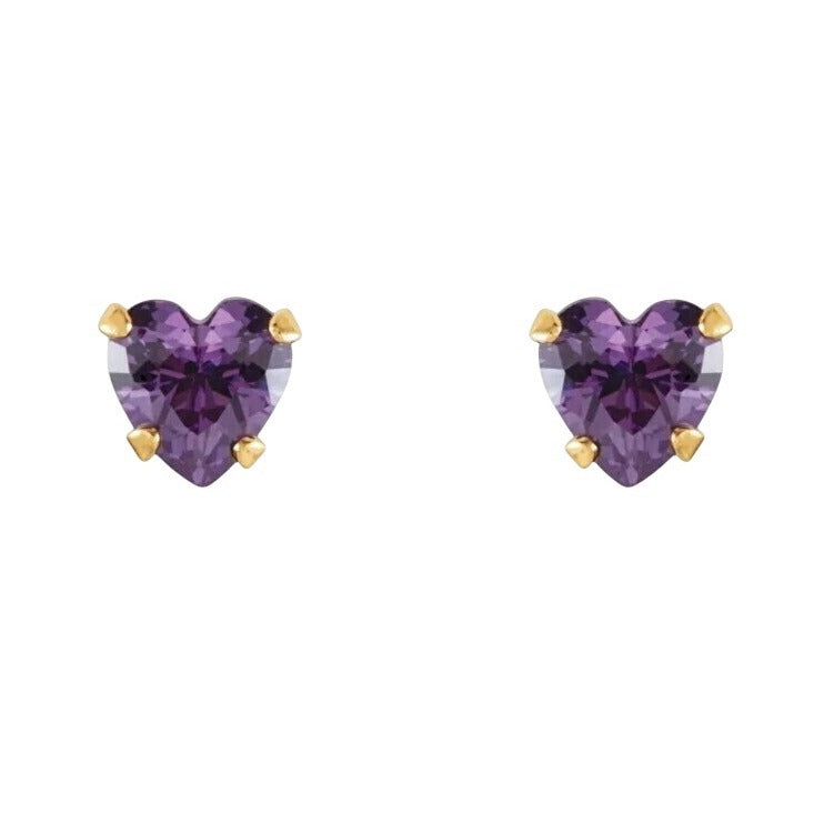 14K Yellow Gold Heart-Shaped Amethyst Youth Stud Earrings With Screw Back