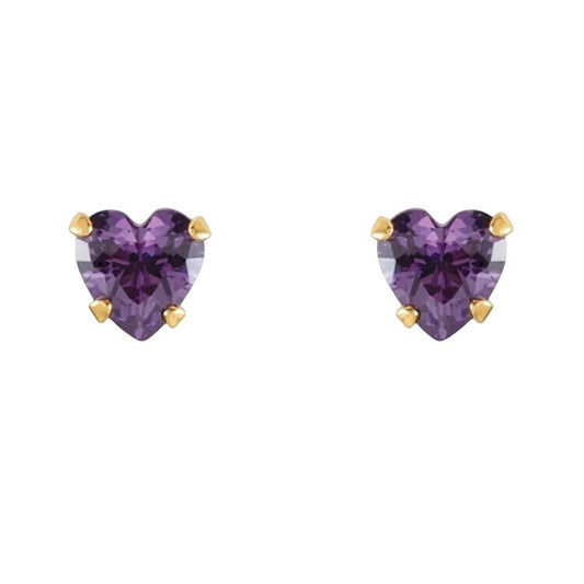 14K Yellow Gold Heart-Shaped Amethyst Youth Stud Earrings With Screw Back