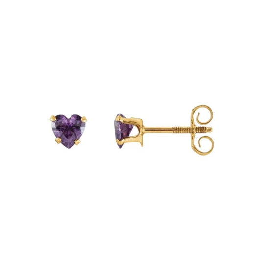 14K Yellow Gold Heart-Shaped Amethyst Youth Stud Earrings With Screw Back