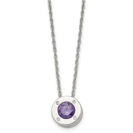 Birthstone Stainless Steel Necklace Purple Crystal Pendant & Chain 20" Silver