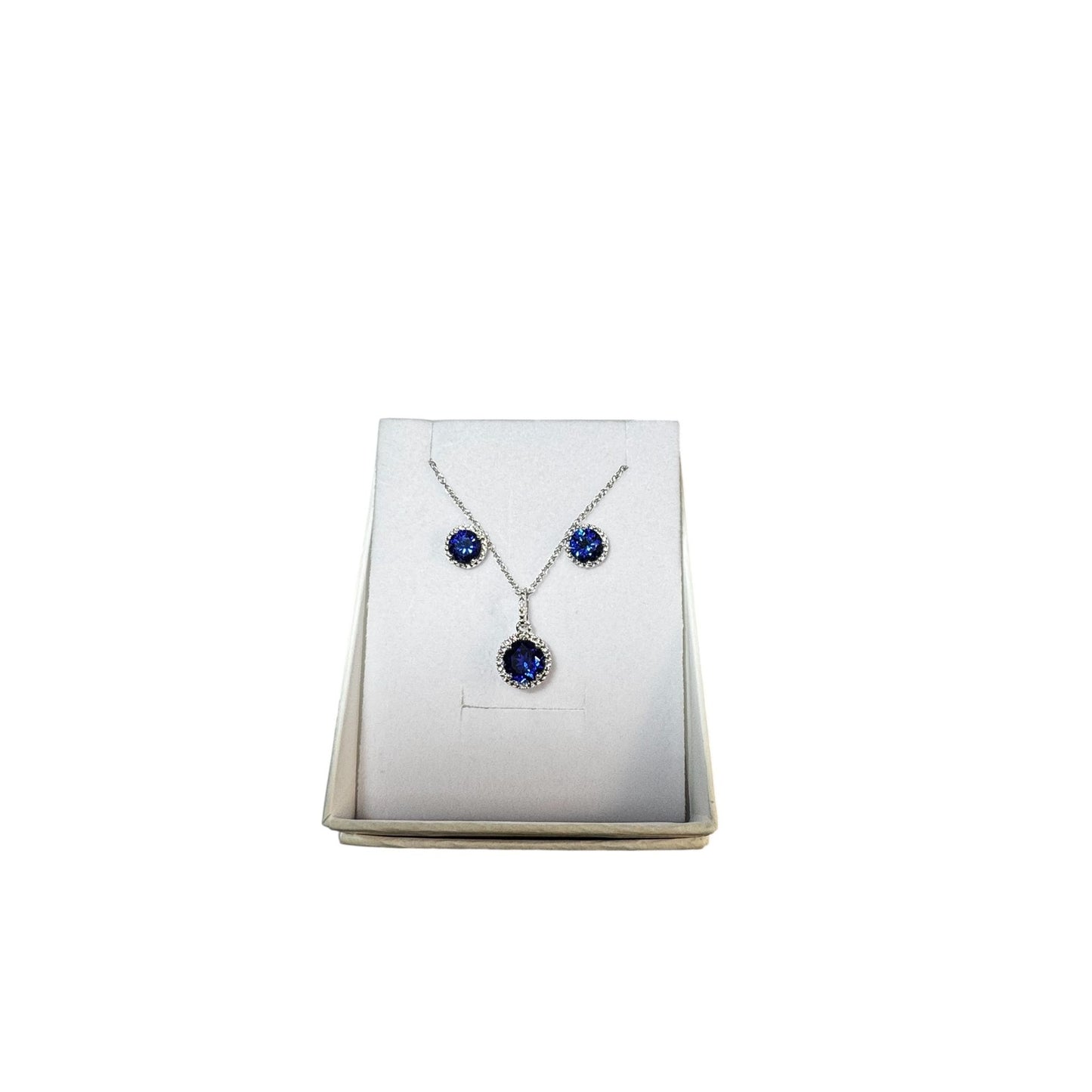 Sterling Silver Lab Grown Blue Sapphire & Diamond Halo Pendant Necklace 18" & Stud Earrings